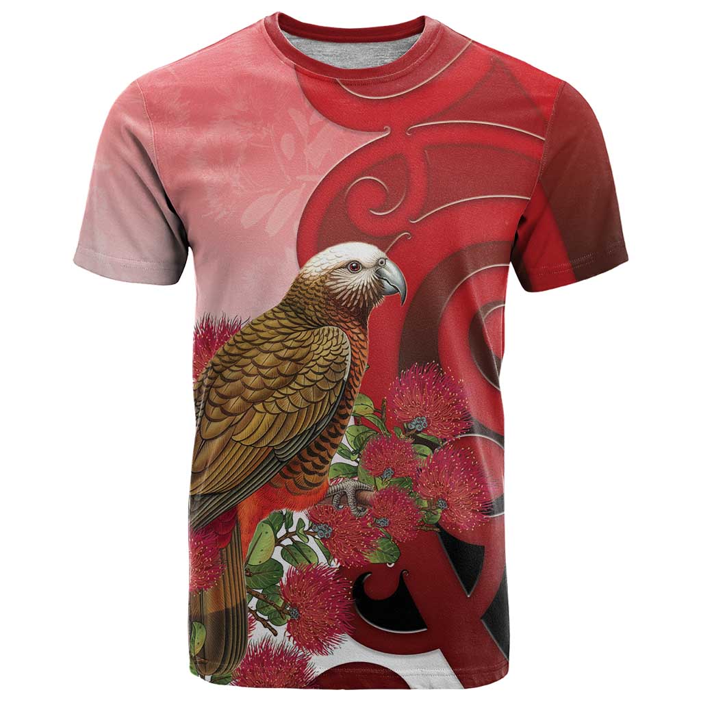 New Zealand Parrot Kaka T Shirt Maori Koru With Pohutukawa Flowers - Polynesian Pride