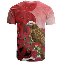 New Zealand Parrot Kaka T Shirt Maori Koru With Pohutukawa Flowers - Polynesian Pride