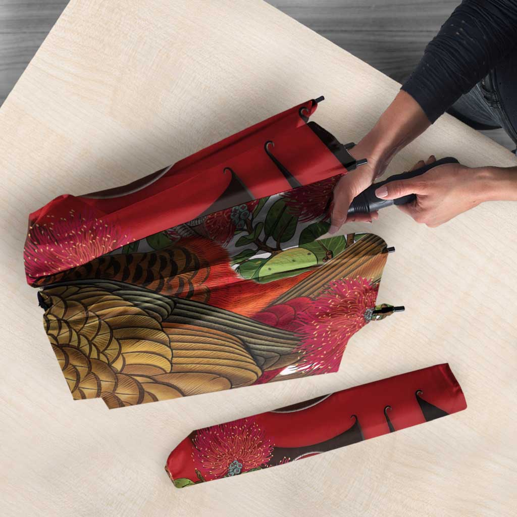 New Zealand Parrot Kaka Umbrella Maori Koru With Pohutukawa Flowers LT05 - Polynesian Pride