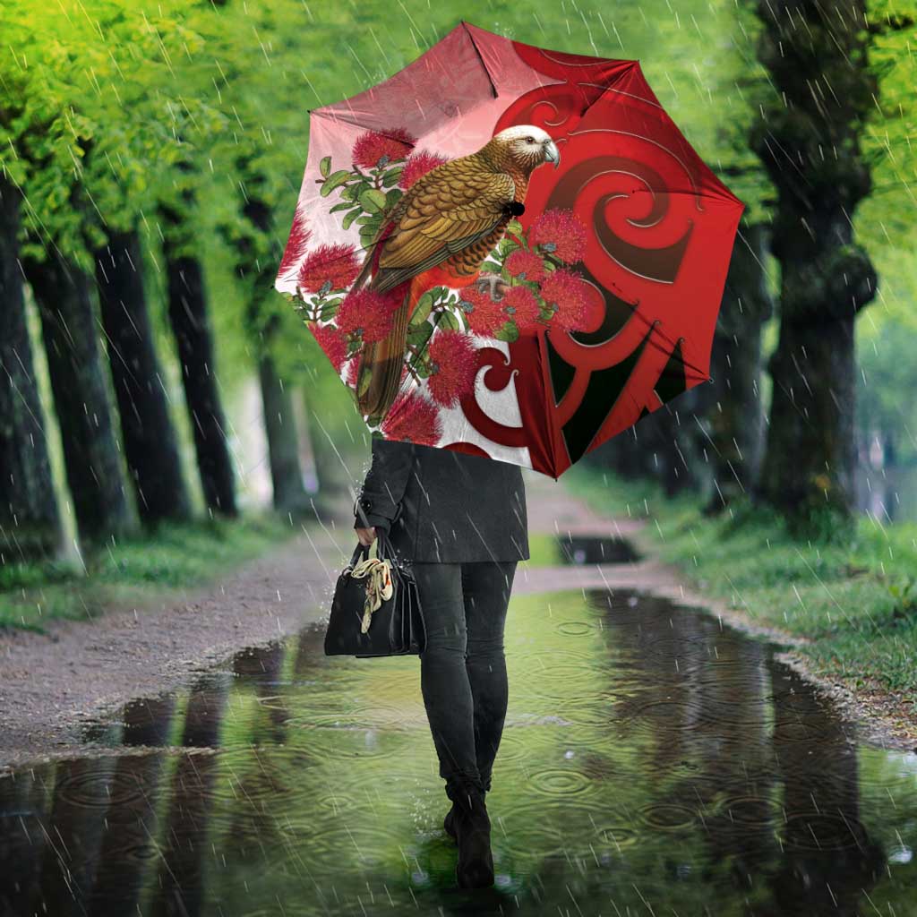 New Zealand Parrot Kaka Umbrella Maori Koru With Pohutukawa Flowers LT05 - Polynesian Pride
