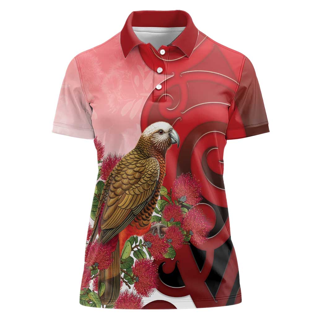 New Zealand Parrot Kaka Women Polo Shirt Maori Koru With Pohutukawa Flowers - Polynesian Pride