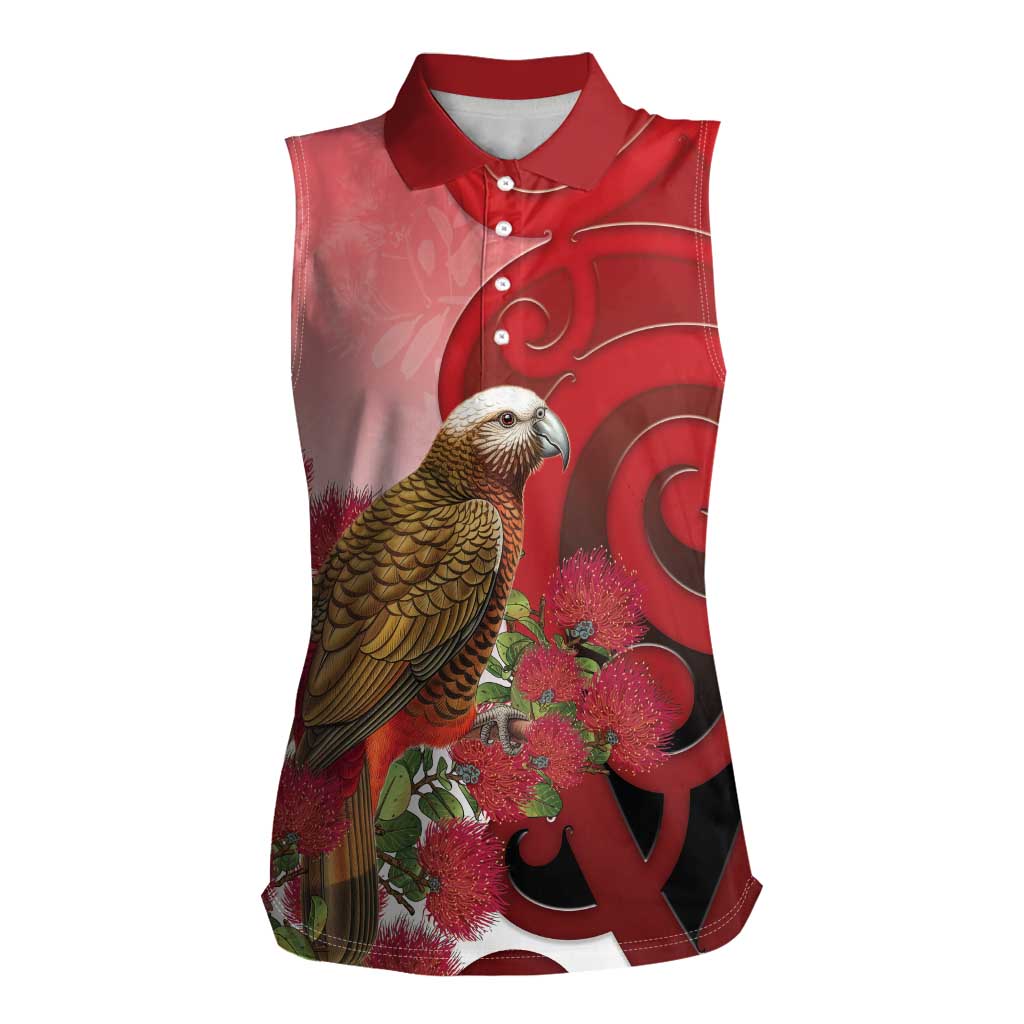 New Zealand Parrot Kaka Women Sleeveless Polo Shirt Maori Koru With Pohutukawa Flowers - Polynesian Pride