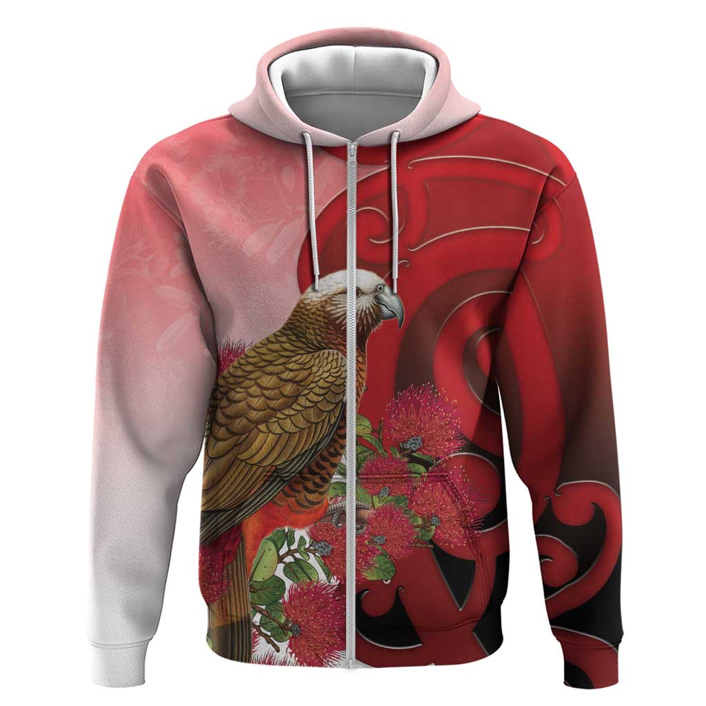 New Zealand Parrot Kaka Zip Hoodie Maori Koru With Pohutukawa Flowers - Polynesian Pride