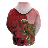 New Zealand Parrot Kaka Zip Hoodie Maori Koru With Pohutukawa Flowers - Polynesian Pride