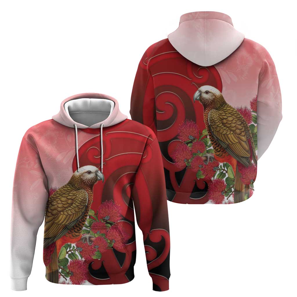 New Zealand Parrot Kaka Zip Hoodie Maori Koru With Pohutukawa Flowers - Polynesian Pride