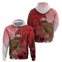 New Zealand Parrot Kaka Zip Hoodie Maori Koru With Pohutukawa Flowers - Polynesian Pride