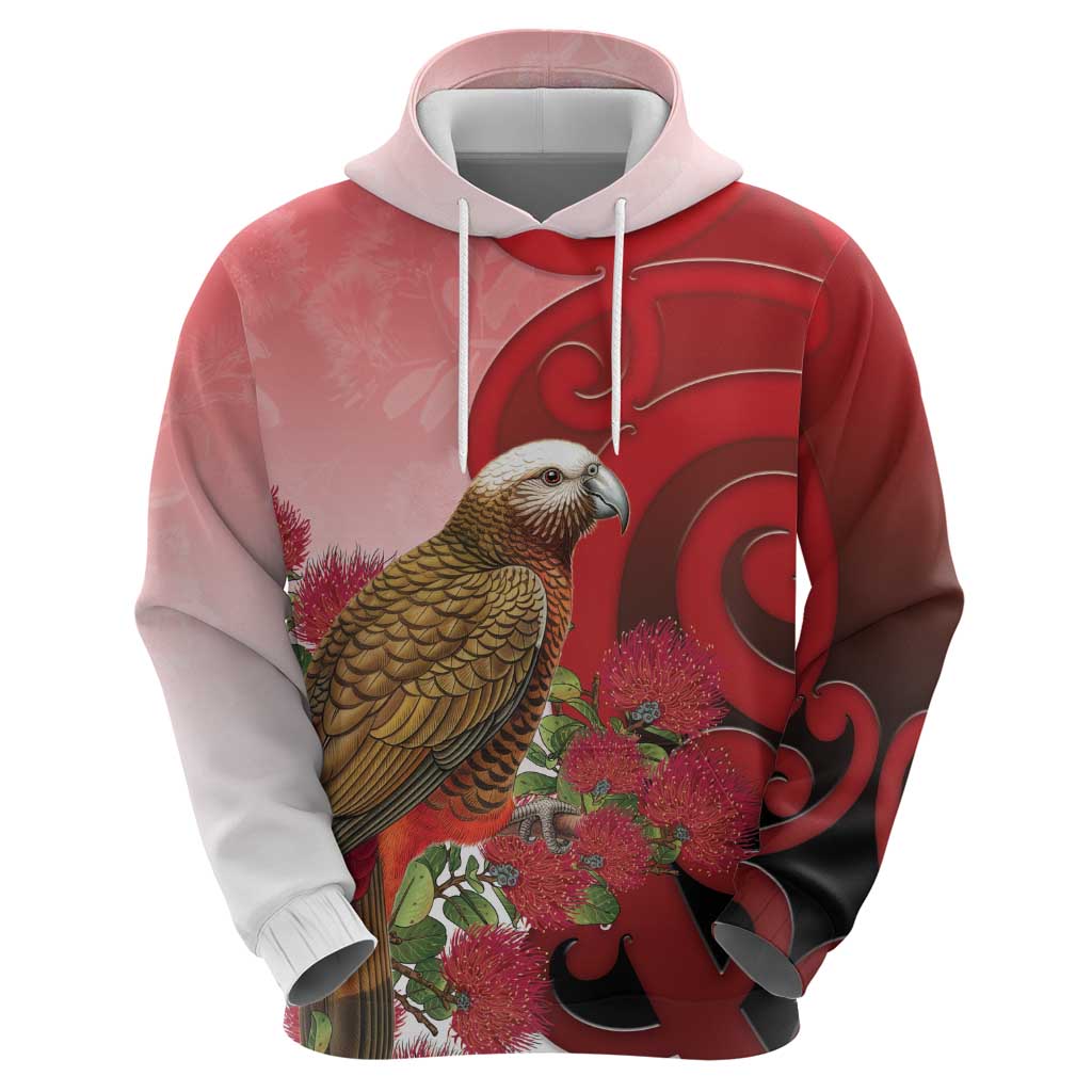 New Zealand Parrot Kaka Zip Hoodie Maori Koru With Pohutukawa Flowers - Polynesian Pride