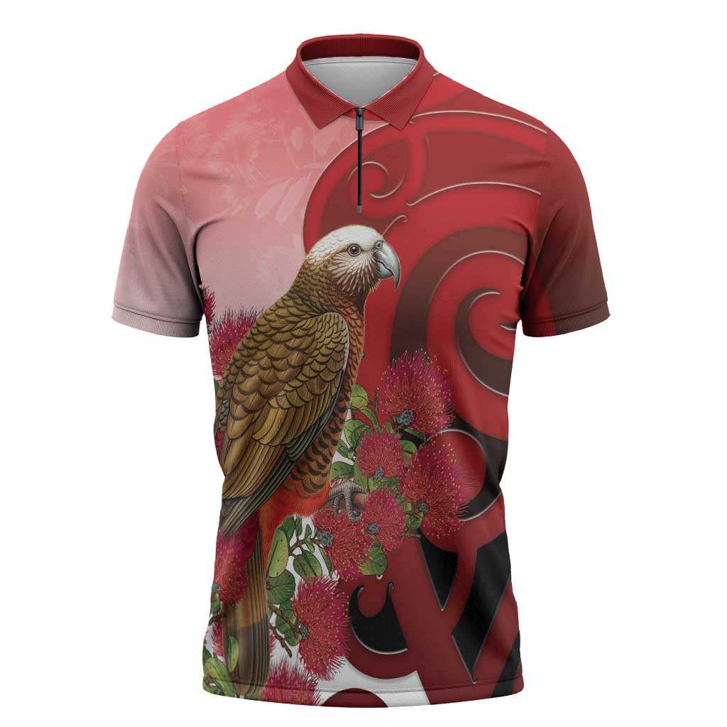 New Zealand Parrot Kaka Zipper Polo Shirt Maori Koru With Pohutukawa Flowers - Polynesian Pride