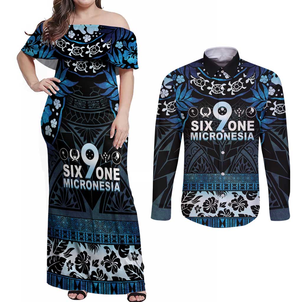 Micronesia FSM 691 Couples Matching Off Shoulder Maxi Dress and Long Sleeve Button Shirt Respect Culture LT05 Blue - Polynesian Pride