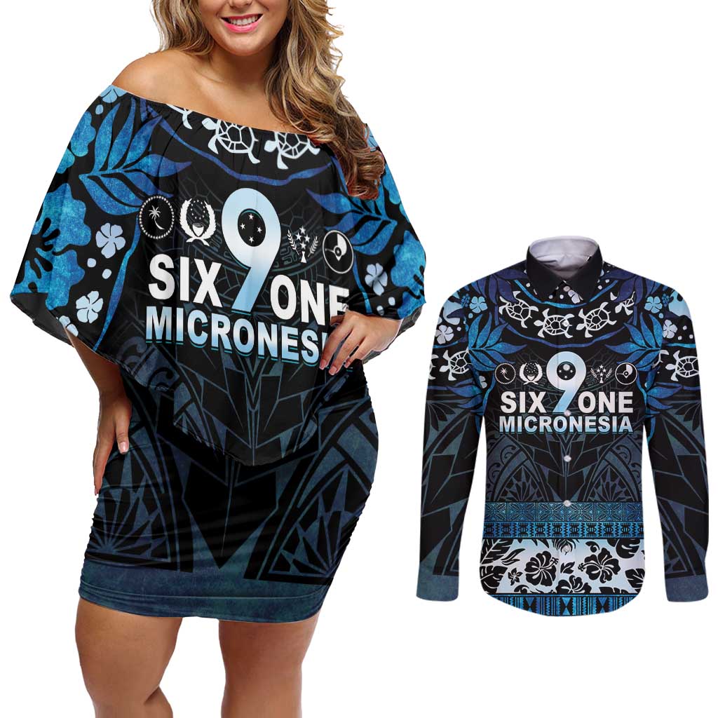 Micronesia FSM 691 Couples Matching Off Shoulder Short Dress and Long Sleeve Button Shirt Respect Culture LT05 Blue - Polynesian Pride