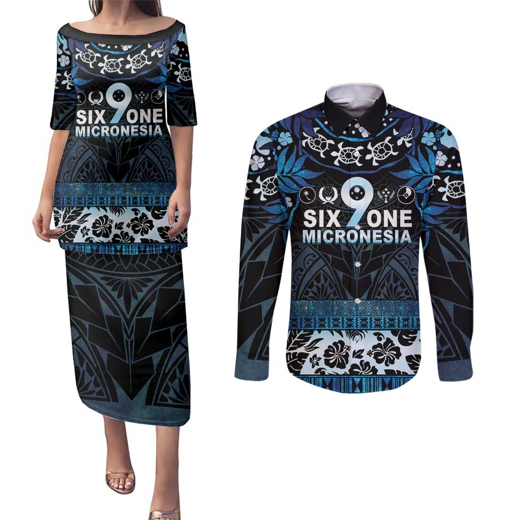 Micronesia FSM 691 Couples Matching Puletasi and Long Sleeve Button Shirt Respect Culture LT05 Blue - Polynesian Pride