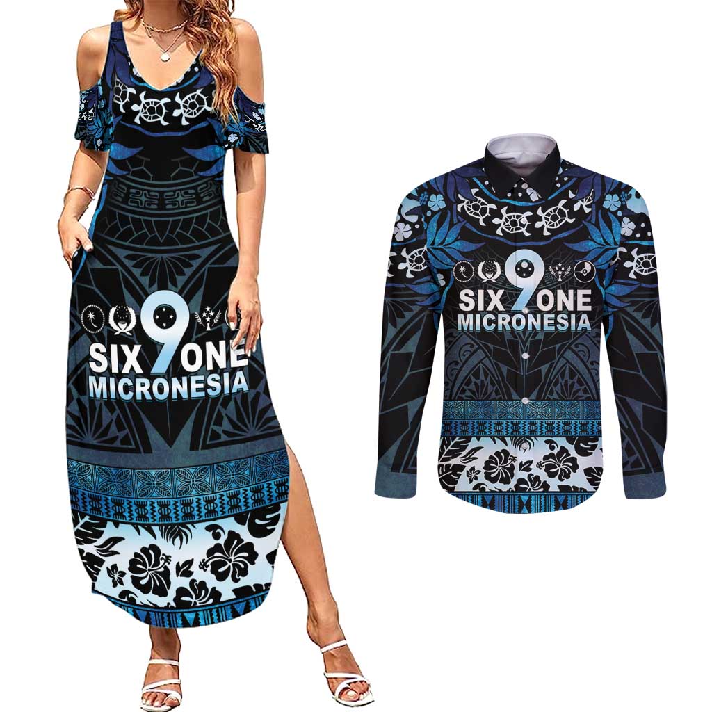 Micronesia FSM 691 Couples Matching Summer Maxi Dress and Long Sleeve Button Shirt Respect Culture LT05 Blue - Polynesian Pride