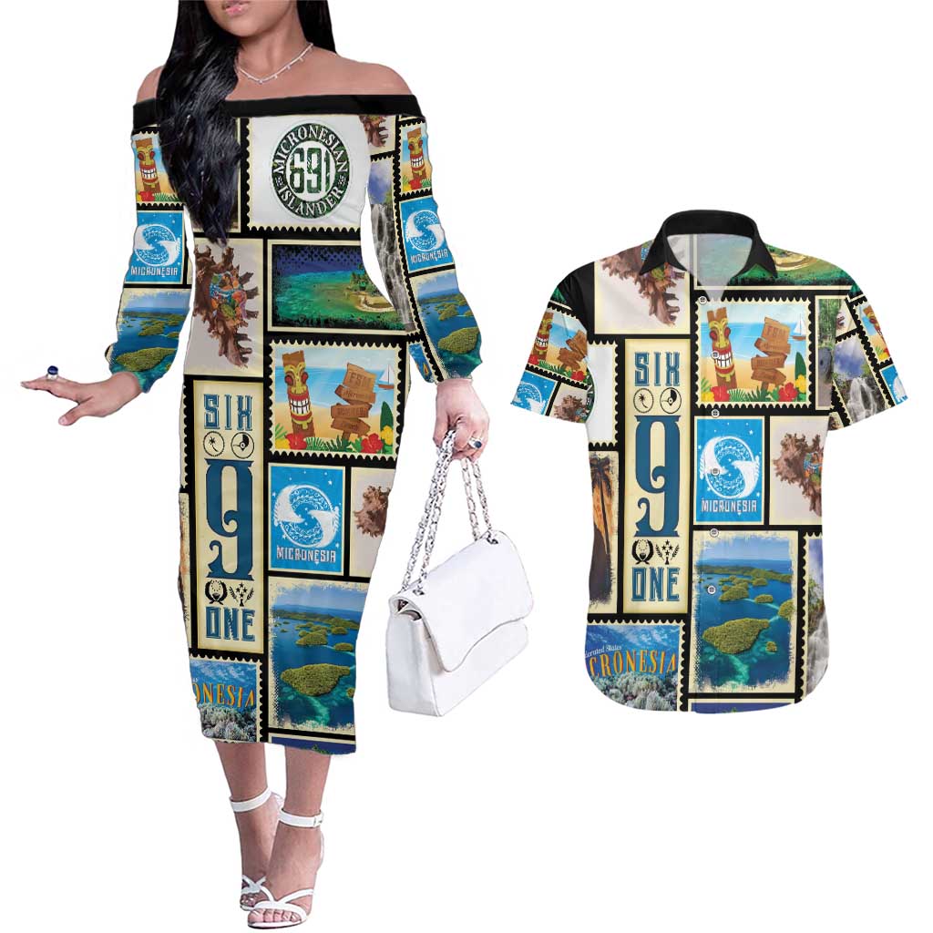 FSM Micronesia Culture Couples Matching Off The Shoulder Long Sleeve Dress and Hawaiian Shirt LT05 Colorful - Polynesian Pride