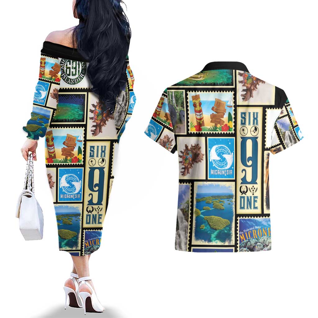 FSM Micronesia Culture Couples Matching Off The Shoulder Long Sleeve Dress and Hawaiian Shirt LT05 - Polynesian Pride