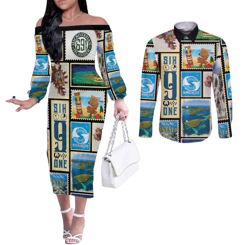 FSM Micronesia Culture Couples Matching Off The Shoulder Long Sleeve Dress and Long Sleeve Button Shirt LT05 Colorful - Polynesian Pride