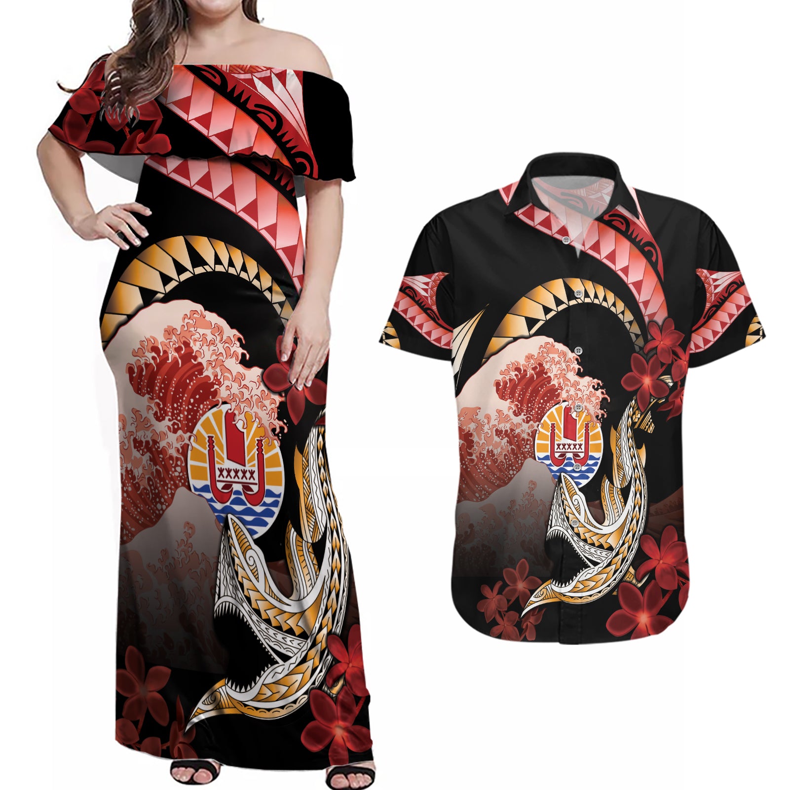 Personalised French Polynesia Victory Day Couples Matching Off Shoulder Maxi Dress and Hawaiian Shirt Polynesian Pattern Plumeria