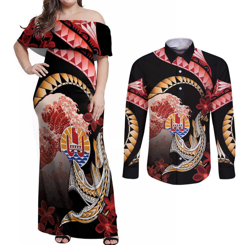 Personalised French Polynesia Victory Day Couples Matching Off Shoulder Maxi Dress and Long Sleeve Button Shirt Polynesian Pattern Plumeria