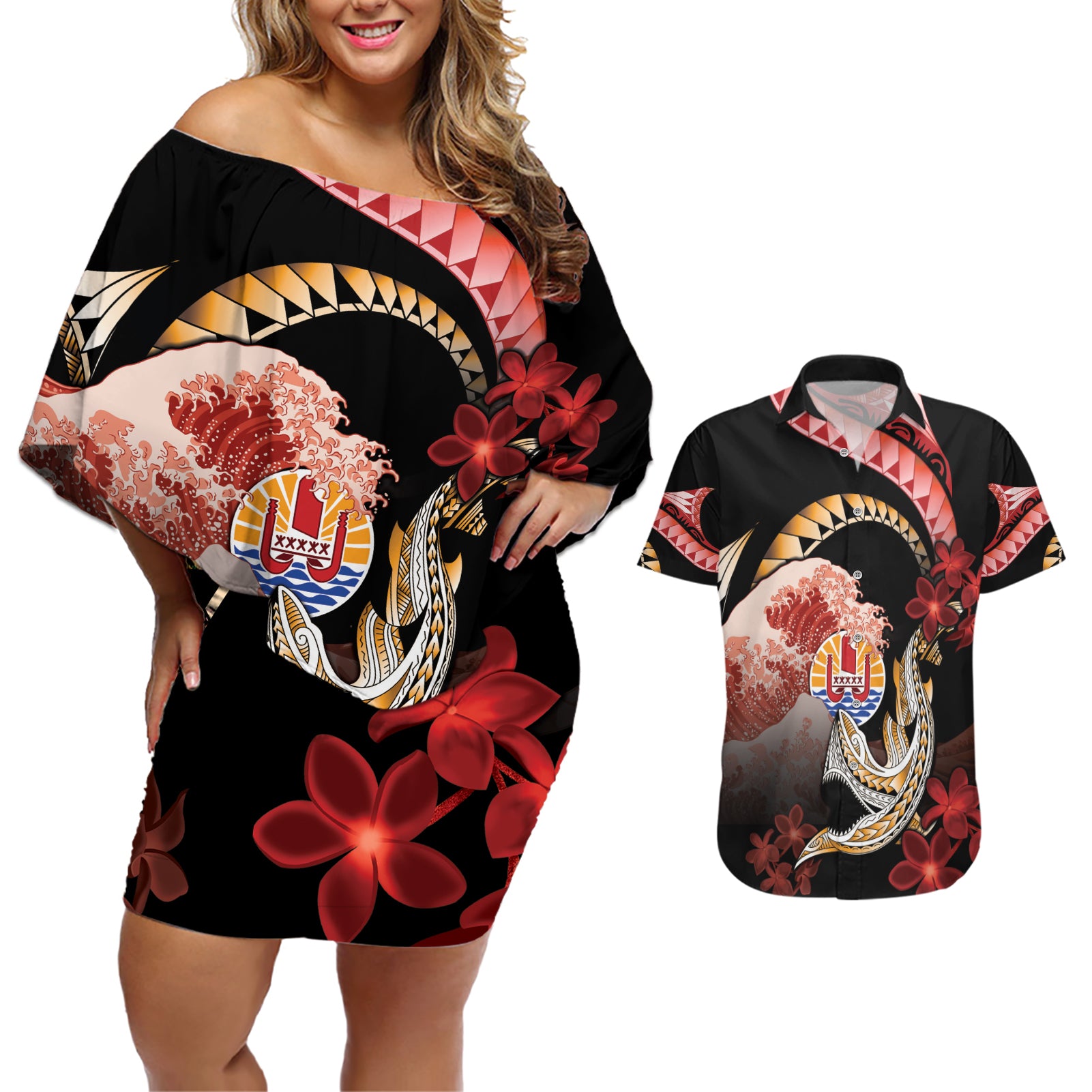 Personalised French Polynesia Victory Day Couples Matching Off Shoulder Short Dress and Hawaiian Shirt Polynesian Pattern Plumeria