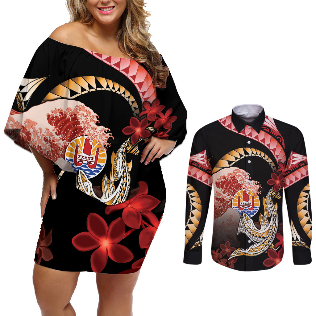 Personalised French Polynesia Victory Day Couples Matching Off Shoulder Short Dress and Long Sleeve Button Shirt Polynesian Pattern Plumeria