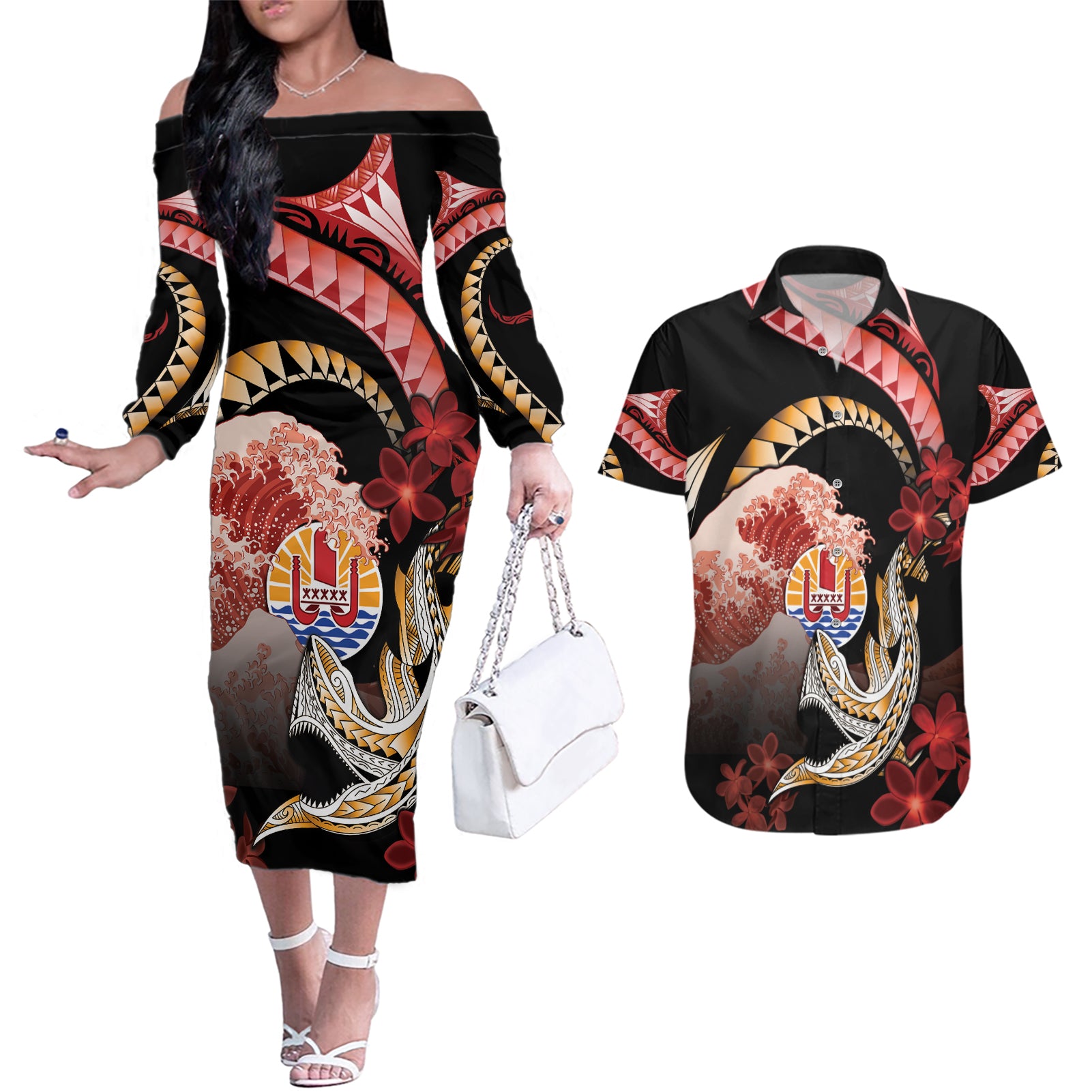Personalised French Polynesia Victory Day Couples Matching Off The Shoulder Long Sleeve Dress and Hawaiian Shirt Polynesian Pattern Plumeria