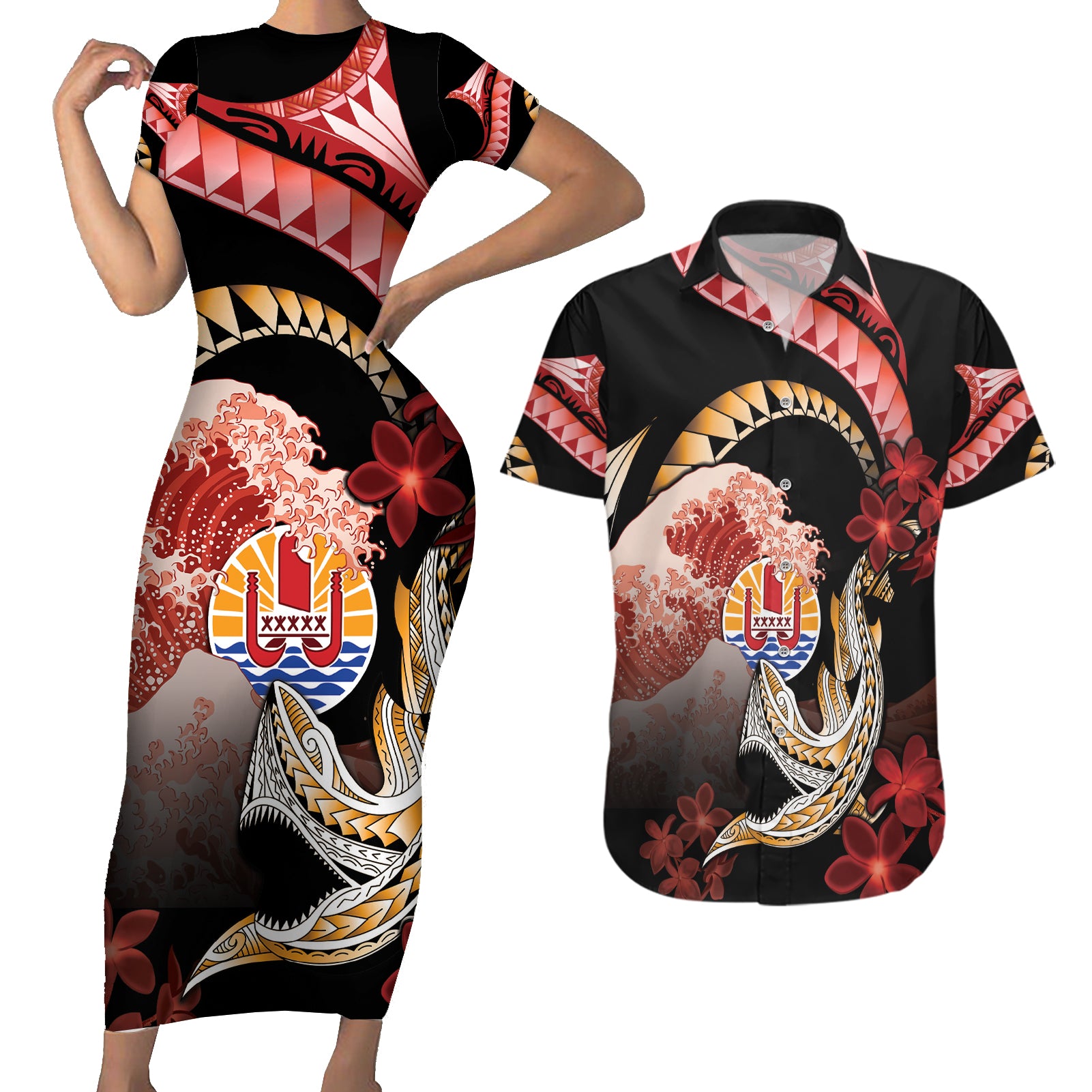 Personalised French Polynesia Victory Day Couples Matching Short Sleeve Bodycon Dress and Hawaiian Shirt Polynesian Pattern Plumeria
