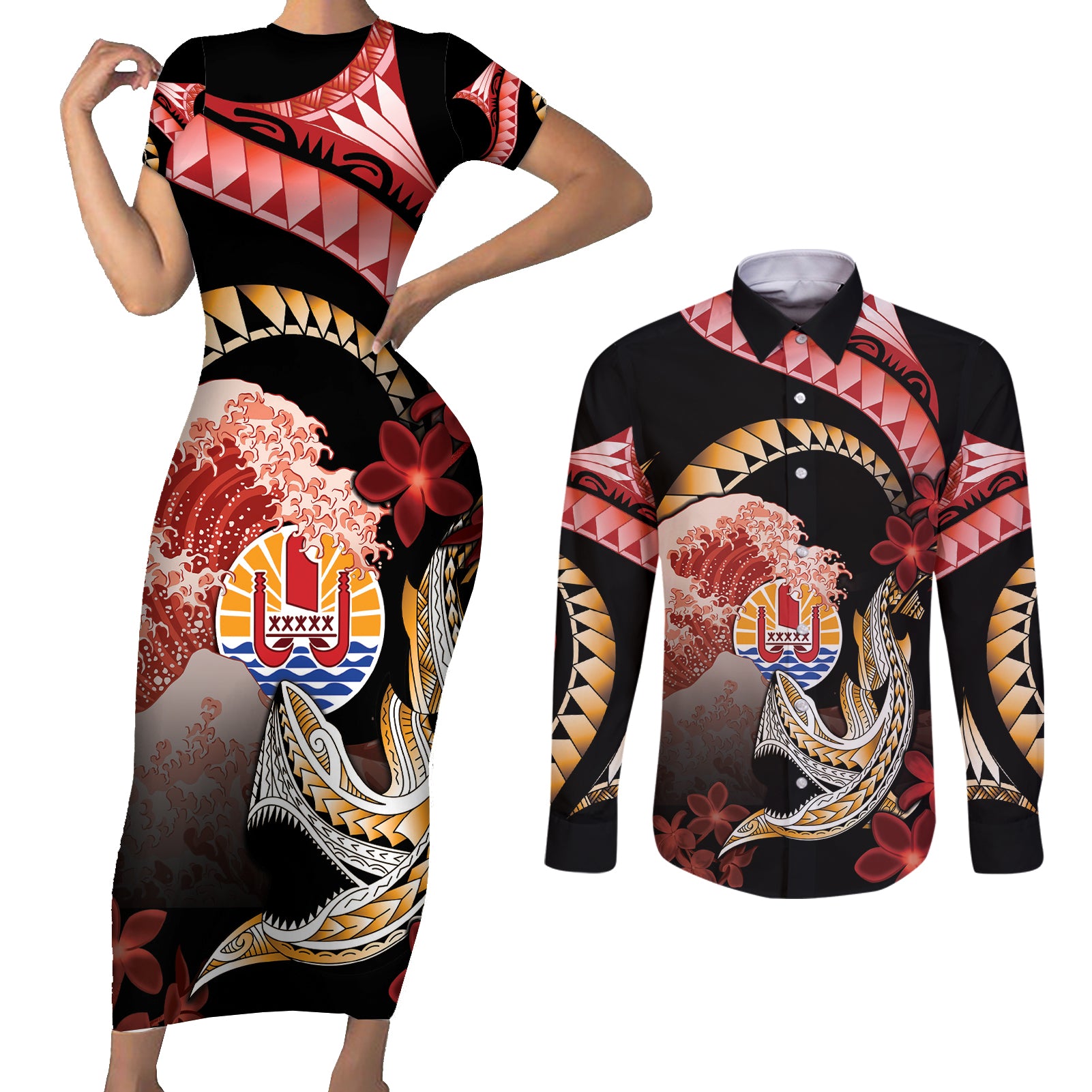 Personalised French Polynesia Victory Day Couples Matching Short Sleeve Bodycon Dress and Long Sleeve Button Shirt Polynesian Pattern Plumeria