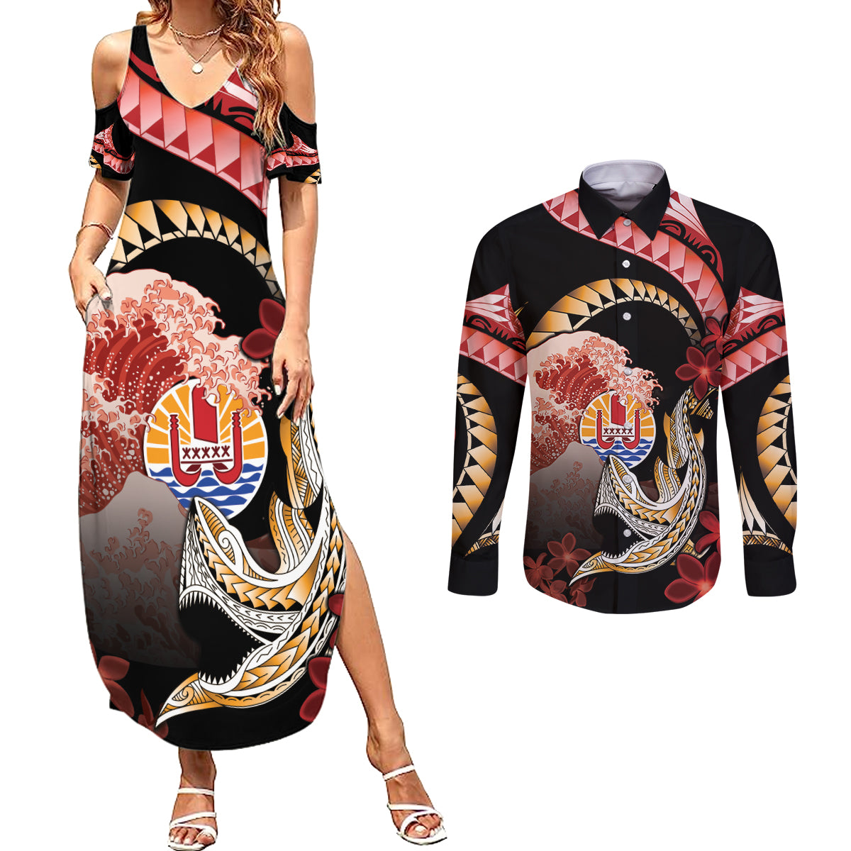 Personalised French Polynesia Victory Day Couples Matching Summer Maxi Dress and Long Sleeve Button Shirt Polynesian Pattern Plumeria
