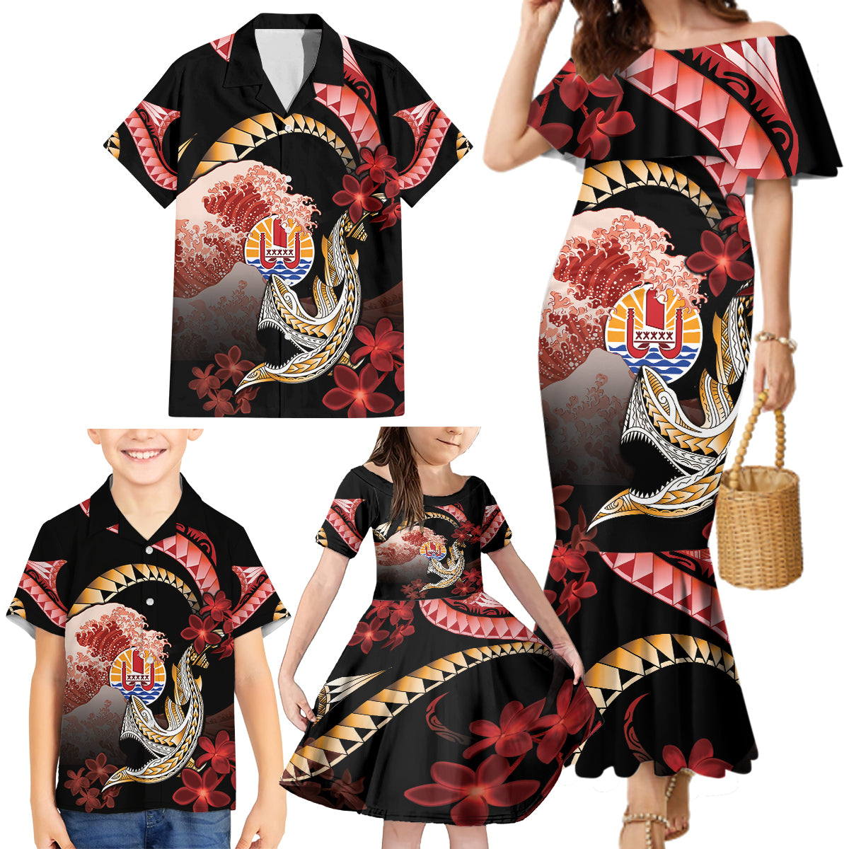 Personalised French Polynesia Victory Day Family Matching Mermaid Dress and Hawaiian Shirt Polynesian Pattern Plumeria