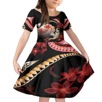 Personalised French Polynesia Victory Day Family Matching Off The Shoulder Long Sleeve Dress and Hawaiian Shirt Polynesian Pattern Plumeria LT05 Daughter's Dress Black - Polynesian Pride