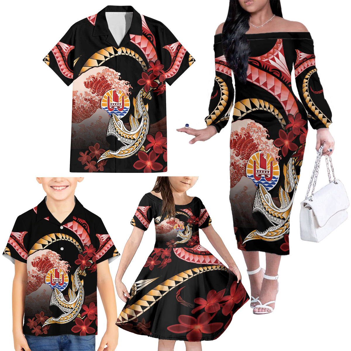 Personalised French Polynesia Victory Day Family Matching Off The Shoulder Long Sleeve Dress and Hawaiian Shirt Polynesian Pattern Plumeria