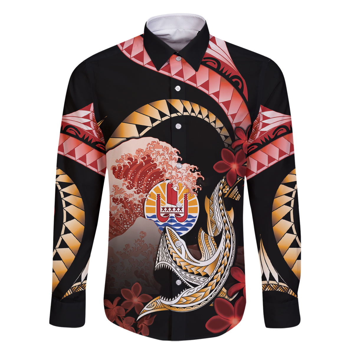 Personalised French Polynesia Victory Day Family Matching Off The Shoulder Long Sleeve Dress and Hawaiian Shirt Polynesian Pattern Plumeria LT05 Dad's Shirt - Long Sleeve Black - Polynesian Pride