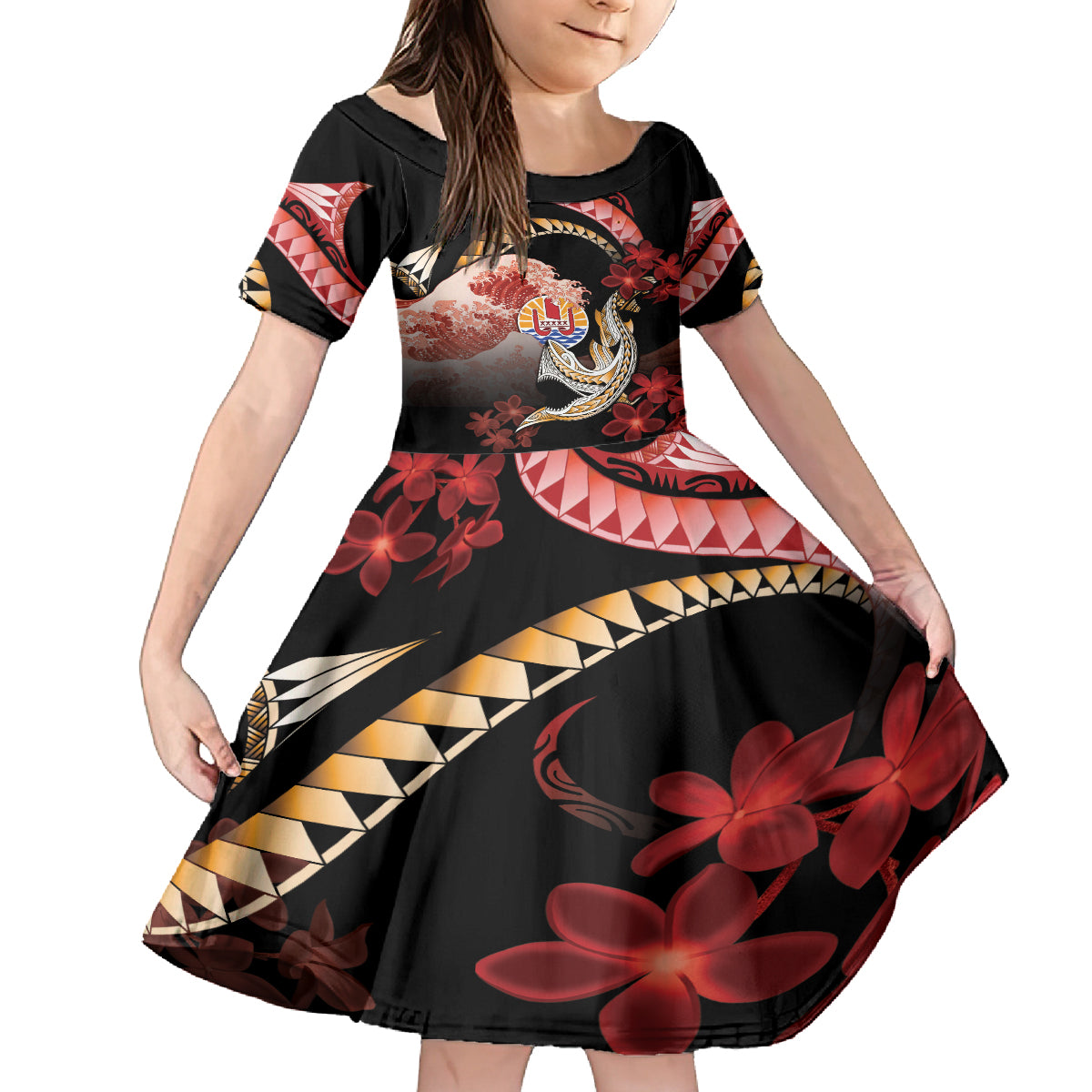 Personalised French Polynesia Victory Day Family Matching Off Shoulder Maxi Dress and Hawaiian Shirt Polynesian Pattern Plumeria LT05 Daughter's Dress Black - Polynesian Pride