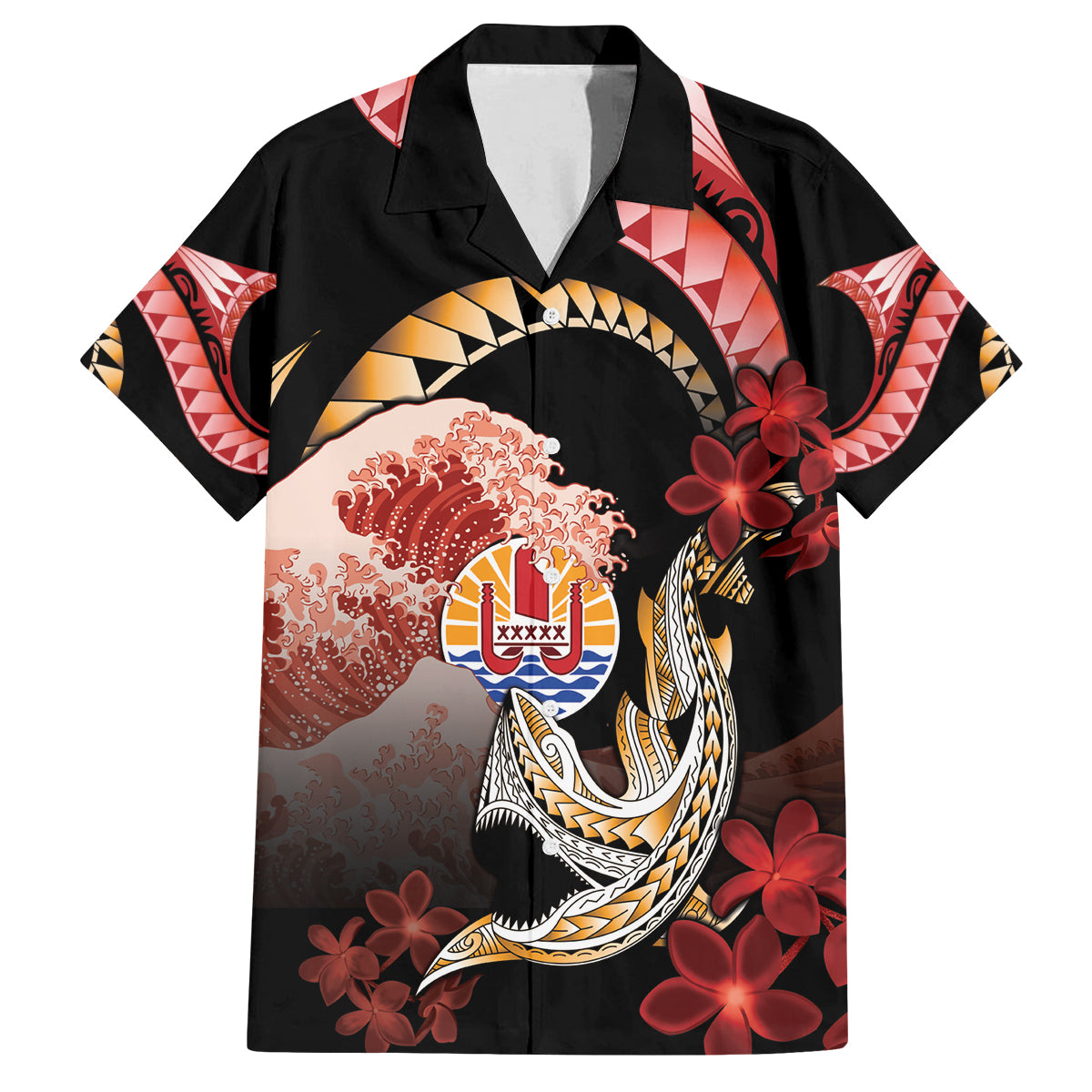 Personalised French Polynesia Victory Day Family Matching Off Shoulder Maxi Dress and Hawaiian Shirt Polynesian Pattern Plumeria LT05 Dad's Shirt - Short Sleeve Black - Polynesian Pride