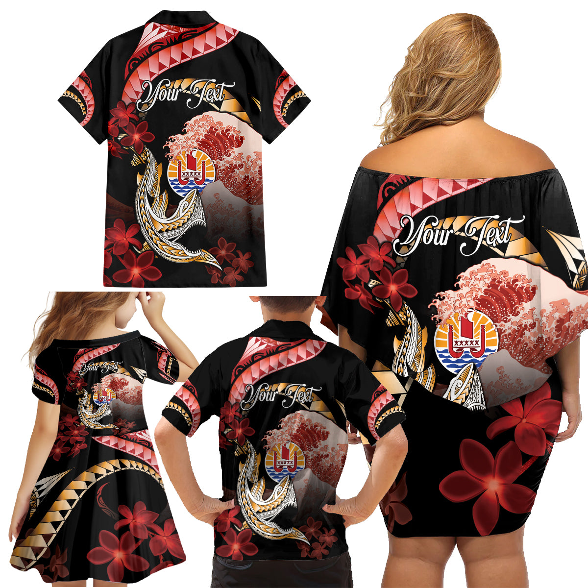 Personalised French Polynesia Victory Day Family Matching Off Shoulder Short Dress and Hawaiian Shirt Polynesian Pattern Plumeria