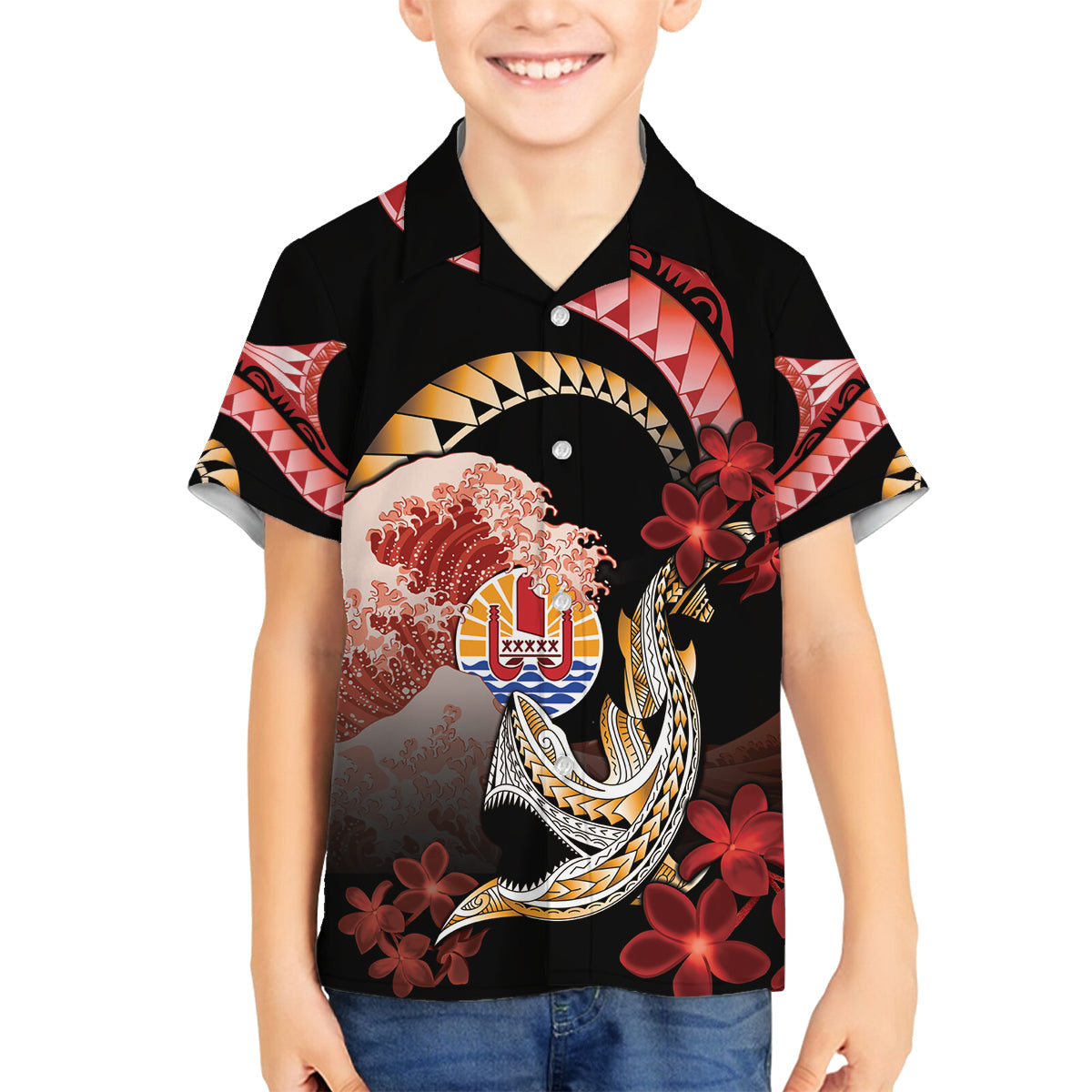Personalised French Polynesia Victory Day Family Matching Puletasi and Hawaiian Shirt Polynesian Pattern Plumeria LT05 Son's Shirt Black - Polynesian Pride