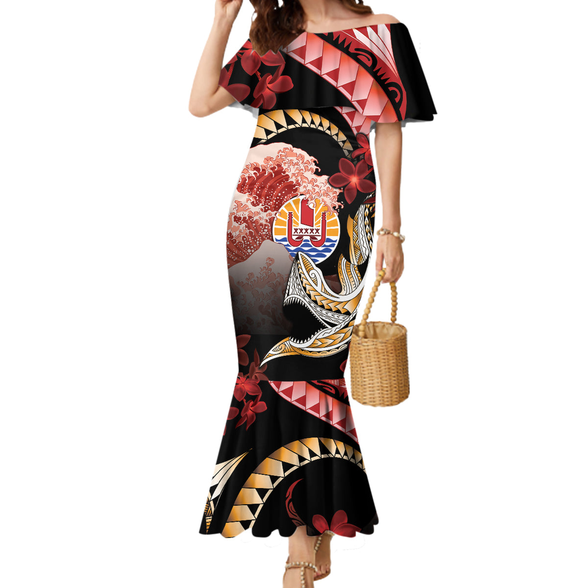 Personalised French Polynesia Victory Day Mermaid Dress Polynesian Pattern Plumeria