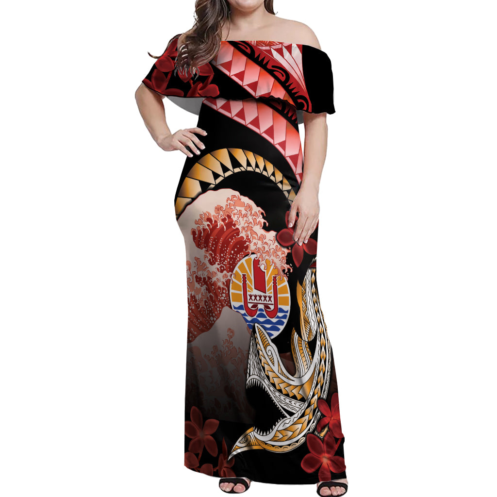 Personalised French Polynesia Victory Day Off Shoulder Maxi Dress Polynesian Pattern Plumeria