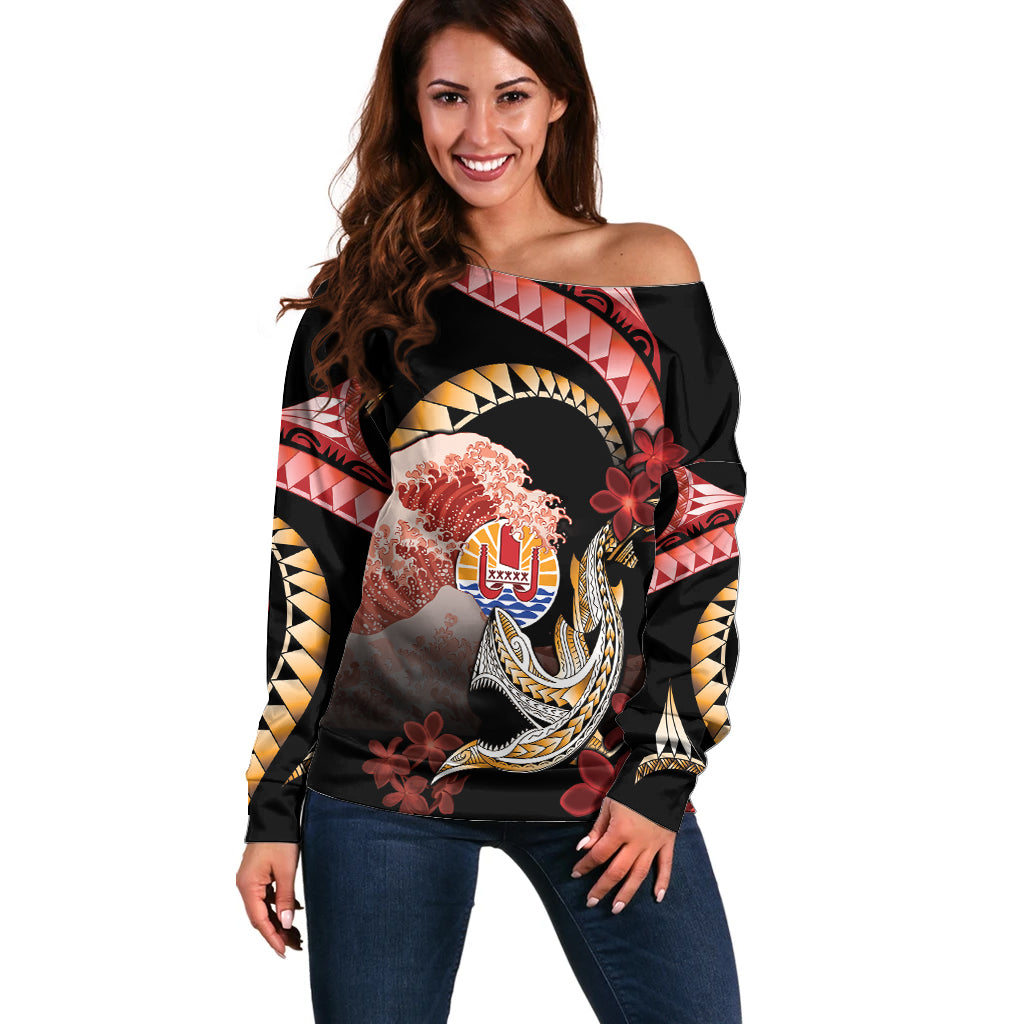Personalised French Polynesia Victory Day Off Shoulder Sweater Polynesian Pattern Plumeria