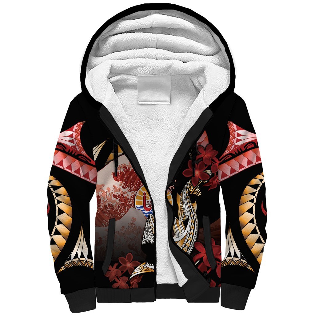 Personalised French Polynesia Victory Day Sherpa Hoodie Polynesian Pattern Plumeria LT05 Unisex Black - Polynesian Pride