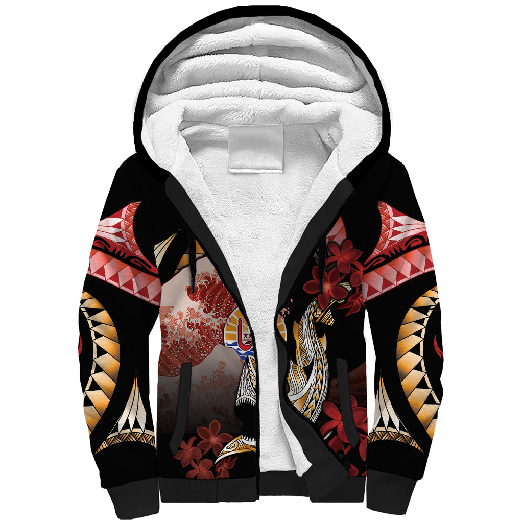 Personalised French Polynesia Victory Day Sherpa Hoodie Polynesian Pattern Plumeria