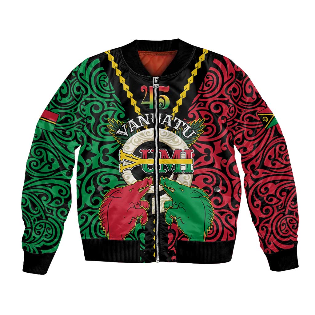 Vanuatu 46th Independence Day Bomber Jacket Long God Yumi Stanap Wild Boar LT05 Unisex Black - Polynesian Pride