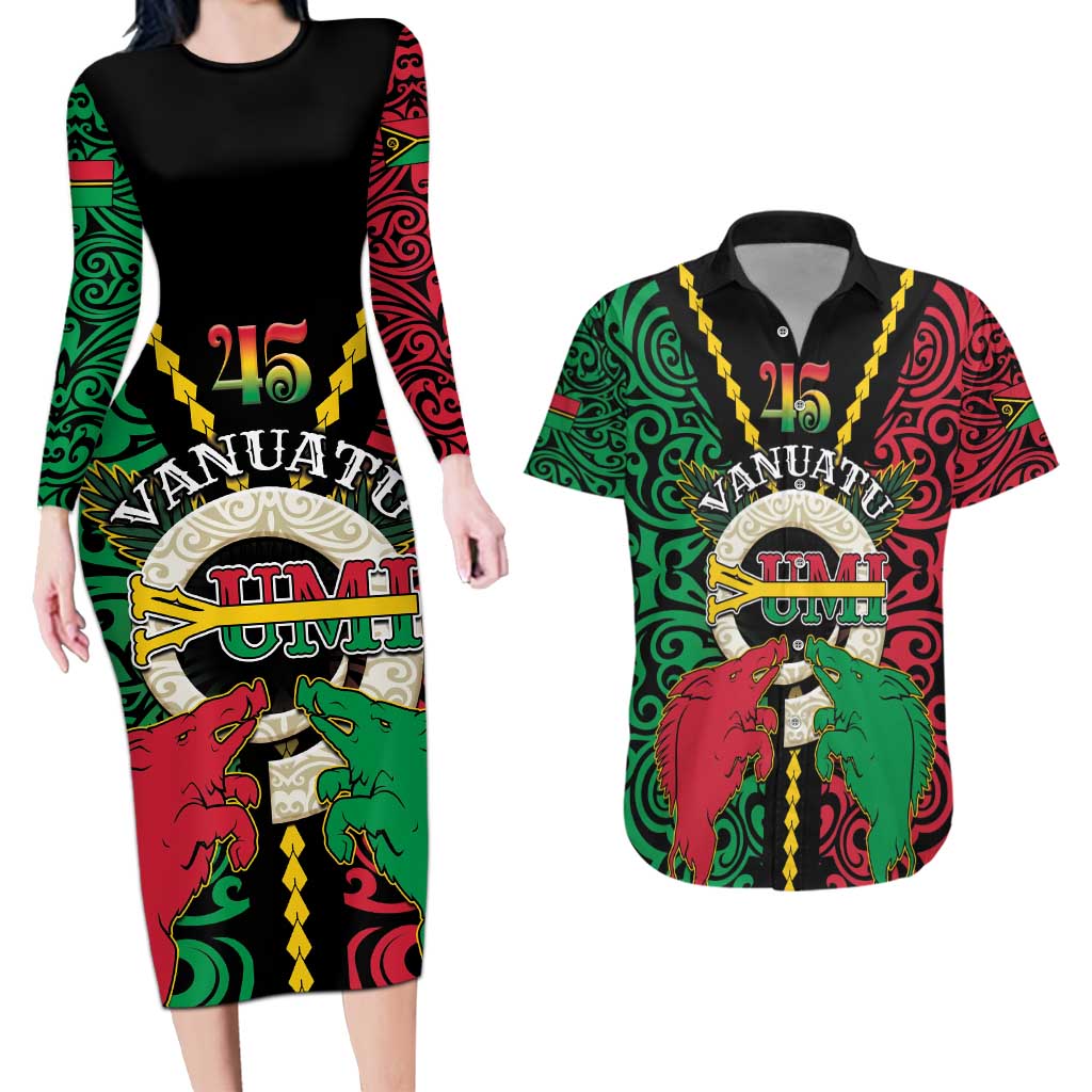 Vanuatu 45th Independence Day Couples Matching Long Sleeve Bodycon Dress and Hawaiian Shirt Long God Yumi Stanap Wild Boar LT05