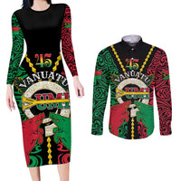 Vanuatu 45th Independence Day Couples Matching Long Sleeve Bodycon Dress and Long Sleeve Button Shirt Long God Yumi Stanap Wild Boar LT05