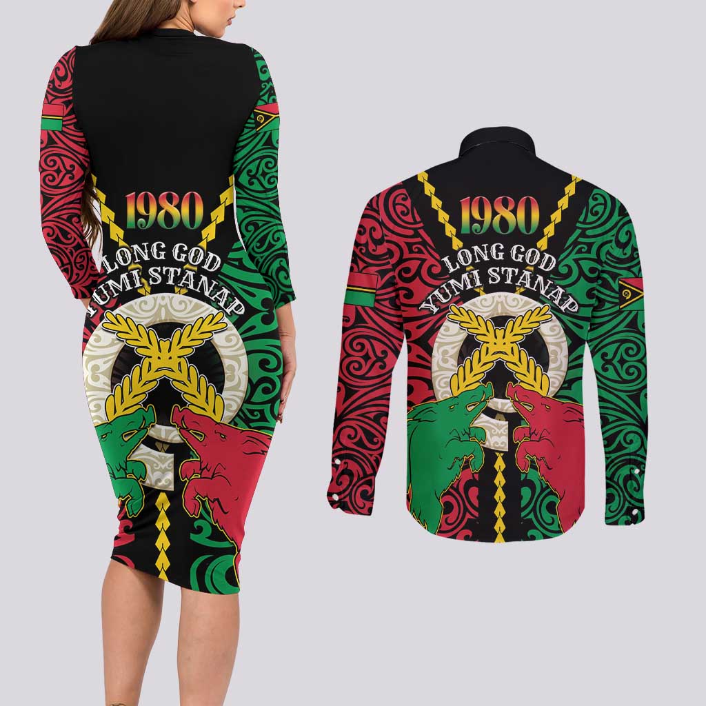 Vanuatu 45th Independence Day Couples Matching Long Sleeve Bodycon Dress and Long Sleeve Button Shirt Long God Yumi Stanap Wild Boar LT05