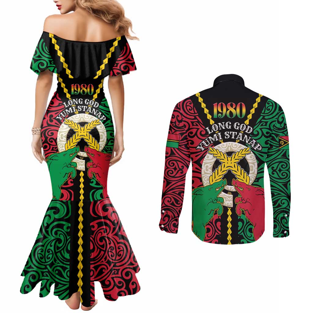 Vanuatu 45th Independence Day Couples Matching Mermaid Dress and Long Sleeve Button Shirt Long God Yumi Stanap Wild Boar LT05
