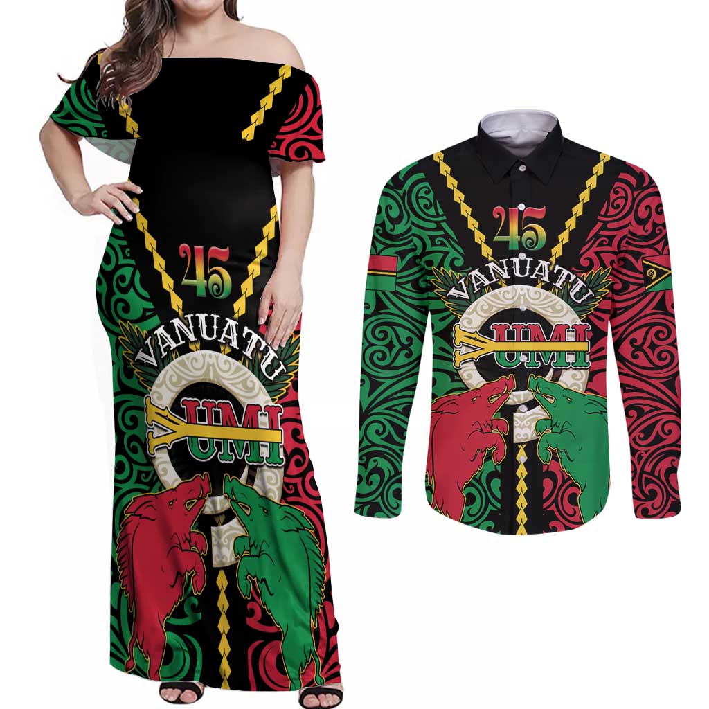 Vanuatu 45th Independence Day Couples Matching Off Shoulder Maxi Dress and Long Sleeve Button Shirt Long God Yumi Stanap Wild Boar LT05