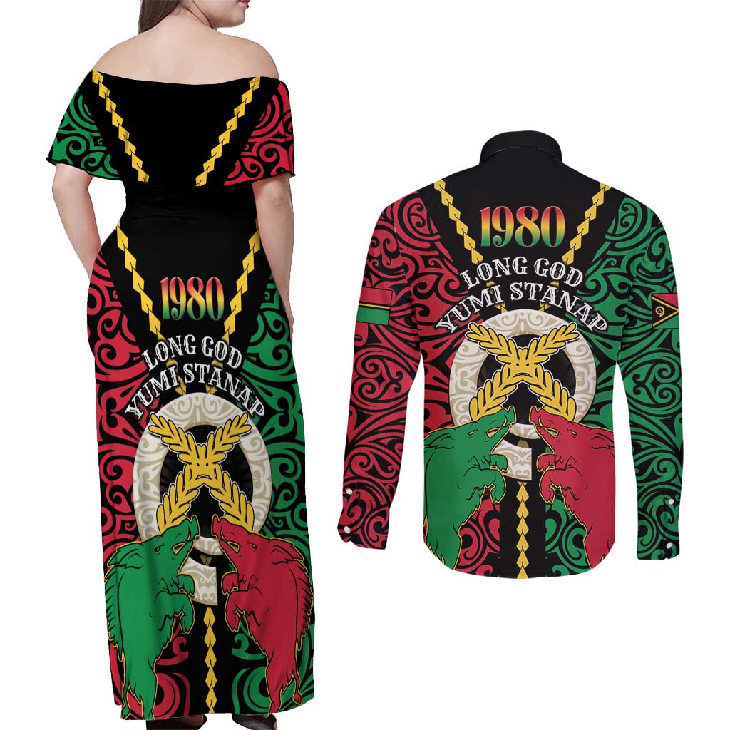 Vanuatu 45th Independence Day Couples Matching Off Shoulder Maxi Dress and Long Sleeve Button Shirt Long God Yumi Stanap Wild Boar LT05