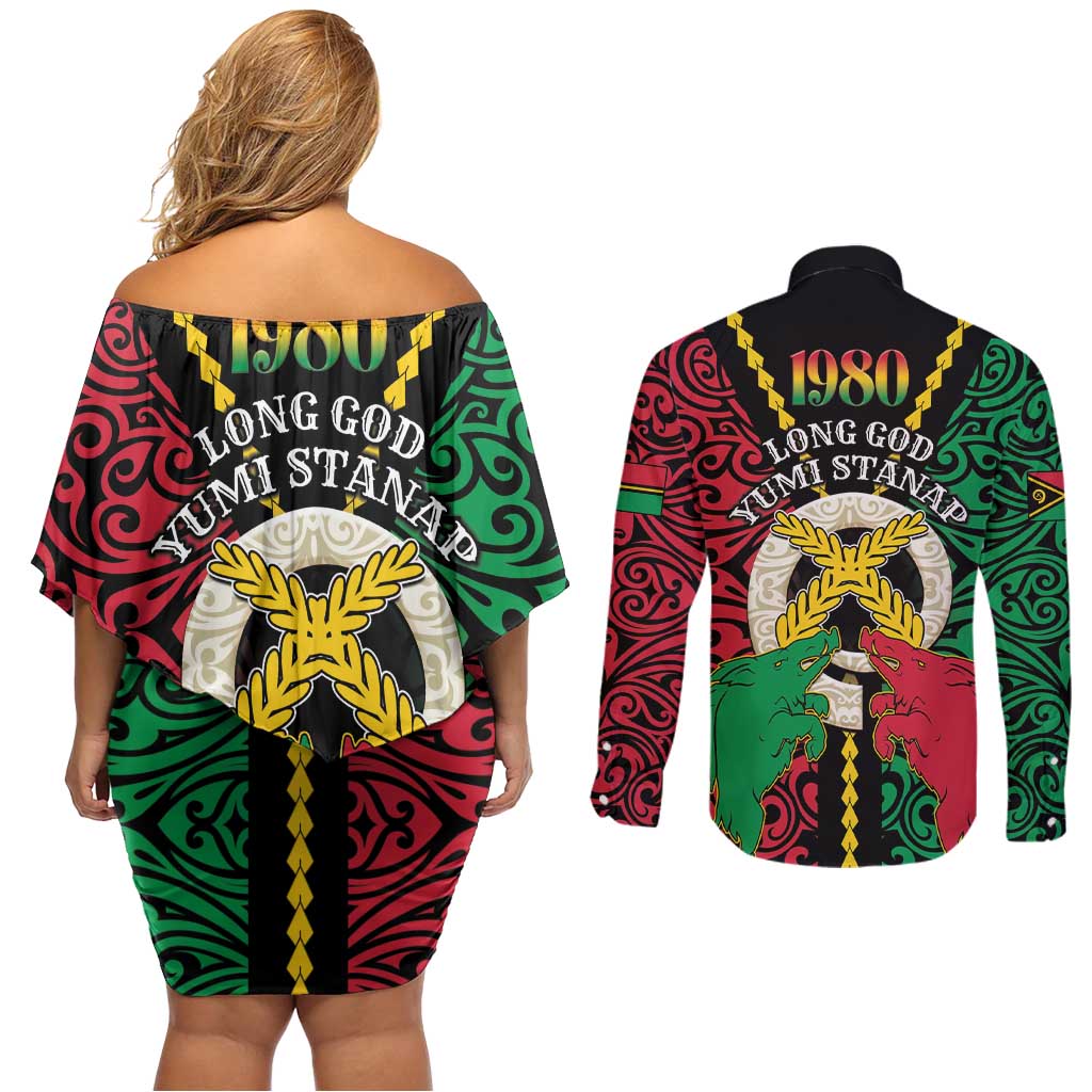 Vanuatu 45th Independence Day Couples Matching Off Shoulder Short Dress and Long Sleeve Button Shirt Long God Yumi Stanap Wild Boar LT05