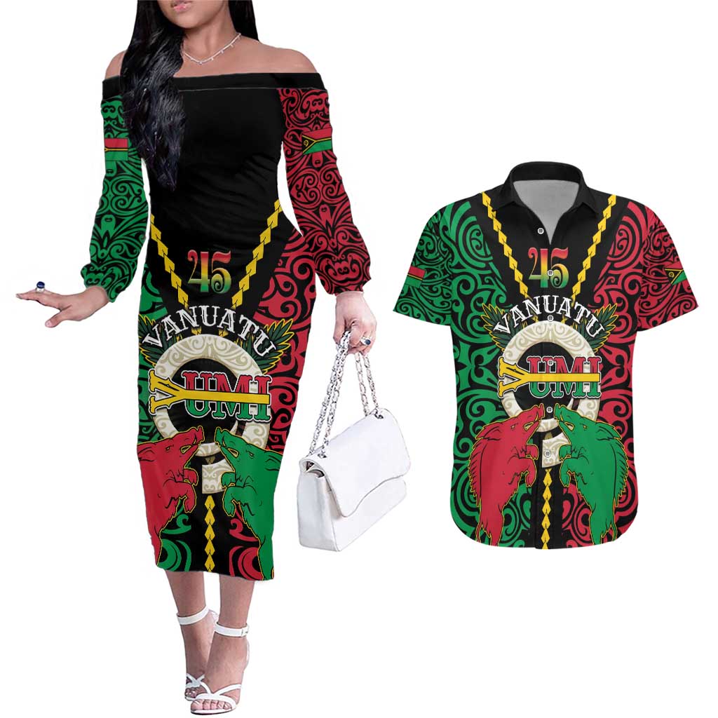 Vanuatu 45th Independence Day Couples Matching Off The Shoulder Long Sleeve Dress and Hawaiian Shirt Long God Yumi Stanap Wild Boar LT05