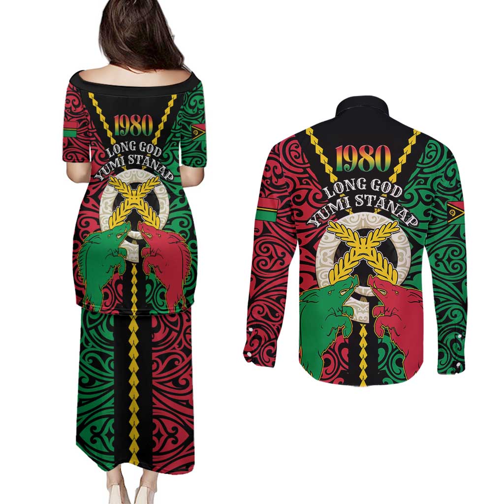 Vanuatu 45th Independence Day Couples Matching Puletasi and Long Sleeve Button Shirt Long God Yumi Stanap Wild Boar LT05